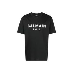 Balmain Zwart Logo-Print Crew Neck T-Shirt , Black , Heren , Maat: XL