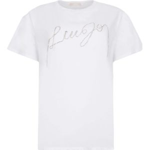 Liu Jo - T-shirt - Wit - Blauwe Denim Rhinestone Logo