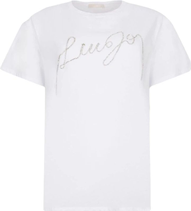 Liu Jo - T-shirt - Wit - Blauwe Denim Rhinestone Logo