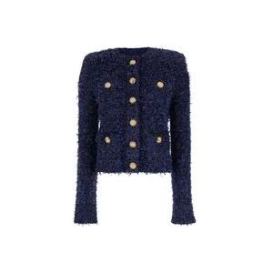 Balmain Blauwe Kraagloze Tweed Jas met Metalen Patroon , Blue , Dames , Maat: S