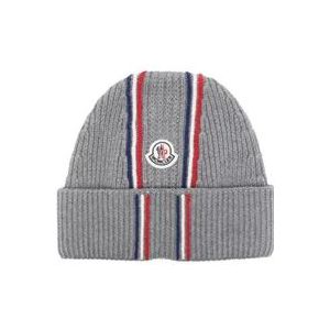 Moncler Tricolor Ribgebreide Beanie , Gray , unisex , Maat: ONE Size