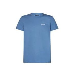 Balmain Heldere Blauwe Biologisch Katoenen T-Shirt met Flock Logo , Blue , Heren , Maat: M