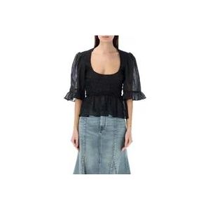 Ganni Zwarte Gekreukelde Smock Blouse , Black , Dames , Maat: M