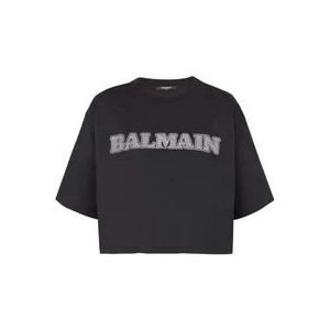 Balmain Zwarte Strass Cropped T-shirt , Black , Dames , Maat: S