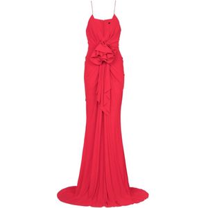 Balmain Lange geplooide jurk met bloemendetail , Red , Dames , Maat: S