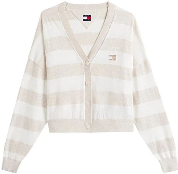 Tommy Jeans - Gebreid Vest - Beige/Wit - V-hals - Losse Pasvorm