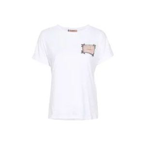 Twinset Witte katoenen T-shirts en Polos met Logo Patch , White , Dames , Maat: M