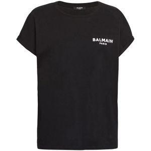 Balmain T-shirt met flock Pari logo , Black , Dames , Maat: L