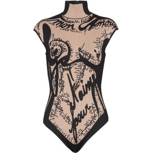 Balmain Jacquard gebreide bodysuit met torso motief , Beige , Dames , Maat: 2XS