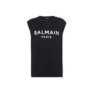 Balmain Katoenen T-shirt met logoprint , Black , Dames , Maat: L