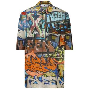 Off White - Shirt - Zwart - Multicolor - 100% Polyamide - Korte Mouwen - Graffiti-print