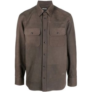 Zegna, Heren, Overhemden, Bruin, Maat: M Suède,