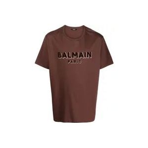Balmain Bruine Flocked Logo T-Shirt , Brown , Heren , Maat: S