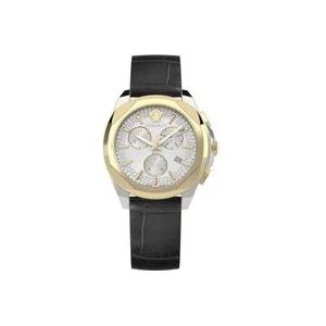 Versace Chrono Lady Leren Horloge Zwart Goud , Yellow , Dames , Maat: ONE Size