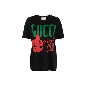 Gucci Zwart Logo-Print Katoenen T-Shirt , Black , Dames , Maat: S