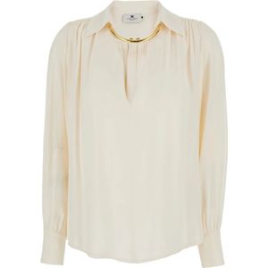 Elisabetta Franchi - Viscose Blouse - Wit - Dames - Stijlvolle met Afneembaar Juweel Accessoire