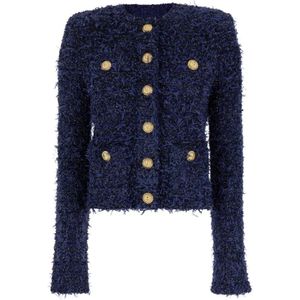 Balmain Blauwe Kraagloze Tweed Jas met Metalen Patroon , Blue , Dames , Maat: S