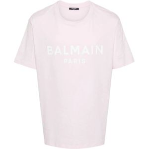 Balmain Roze Wit Logo Print T-shirt , Pink , Heren , Maat: L