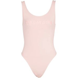 Balmain Badpak met Parijs borduurwerk , Pink , Dames , Maat: 2XS