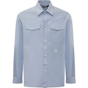 Palm Angels, Heren, Overhemden, Blauw, Maat: S Katoen,