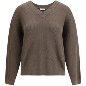 Brunello Cucinelli - V-Hals - Trui - Bruin - Katoen met Juwelen