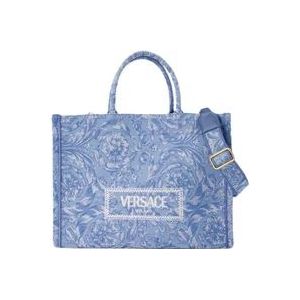 Versace Blauwe Jacquard Shopper Tas Canvas , Blue , Dames , Maat: ONE Size
