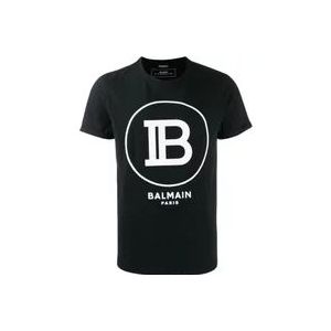 Balmain Zwarte katoenen T-shirt met dik wit flock B-logo , Black , Heren , Maat: S