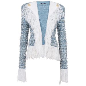 Balmain Franje denim tweed jasje , Blue , Dames , Maat: S