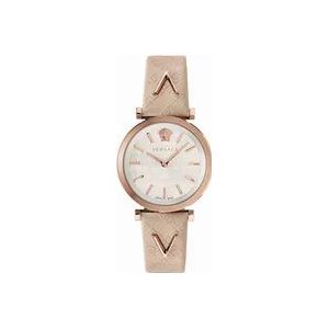 Versace V-Twist Ivoor Leder Zilver Roségoud Horloge , Pink , Dames , Maat: ONE Size