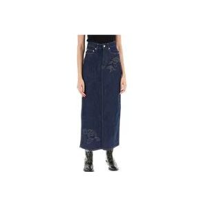 Ganni Geborduurde Roos Maxi Denim Rok , Blue , Dames , Maat: M