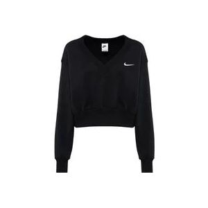 Nike Cropped V-Neck Sweatshirt met Logo Borduursel , Black , Dames , Maat: L