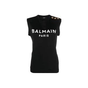 Zwarte tanktop met Balmain print , Black , Dames , Maat: M