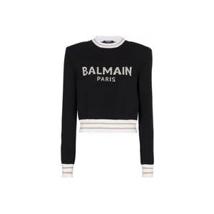 Balmain Logo Trui met Korte Mouwen , Black , Dames , Maat: XS