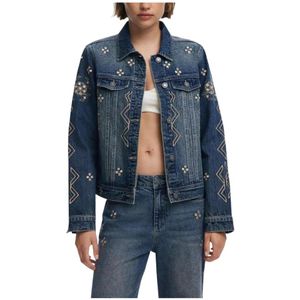Desigual - Chaq_Espejos 25Wwed 11 - Spijkerjasje - Blauw - Dames - Katoen - Bloemen en Geometrisch Borduurwerk