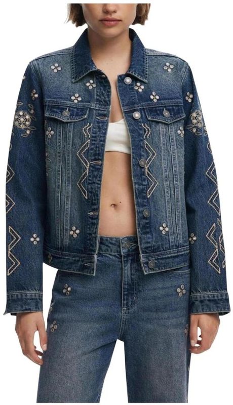 Desigual - Chaq_Espejos 25Wwed 11 - Spijkerjasje - Blauw - Dames - Katoen - Bloemen en Geometrisch Borduurwerk