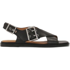 Kazar - Zwarte Sandalen - Platte Zool - Leer - Dames