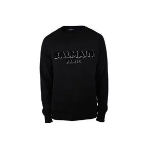 Balmain Zwarte Katoenen Sweatshirt met Fluweel Logo , Black , Heren , Maat: XL