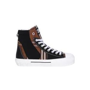 Burberry Hoge sneakers met multi-materiaal paneeldetail in iconisch Dark Birch Brown Check , Brown , Heren , Maat: 41 EU