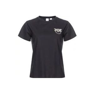 Pinko Zwarte Love Birds Geborduurd T-shirt , Black , Dames , Maat: S