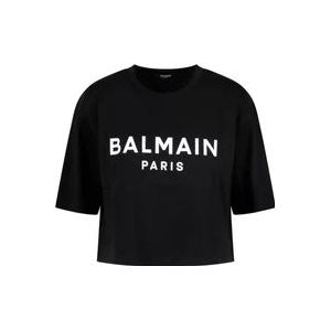 Balmain Logo Print Crop T-Shirt , Black , Dames , Maat: 2XS