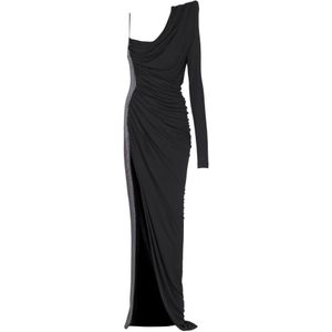 Balmain Gedrapeerde asymmetrische tweemateriaal jurk , Black , Dames , Maat: 2XS