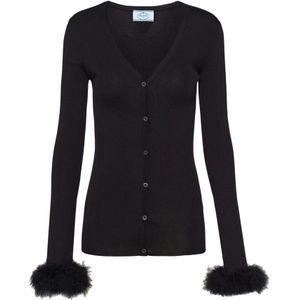 Prada Zwarte Geribbelde Zijden Cardigan met Veren Manchetten , Black , Dames , Maat: S