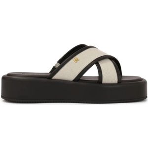 Kazar - Leren Teenslippers - Zwart - Dikke Zool met Kruisbanden