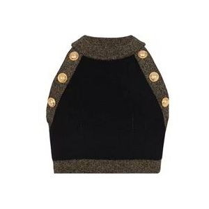 Balmain Gebreide crop top met gouden afwerking , Black , Dames , Maat: S