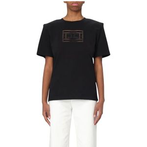 Elisabetta Franchi - Zwarte Versierde T-shirt - Dames - Katoen