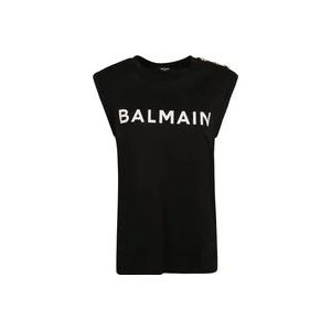 Balmain Zwarte Katoenen Mouwloze Top met Logo Print , Black , Dames , Maat: M