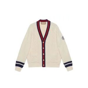 Gucci Wollen Kabelgebreide Cardigan met Handtekening Trim , Beige , Heren , Maat: S