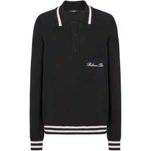 Balmain Lange mouwen wollen poloshirt met handtekeningborduursel , Black , Heren , Maat: 2XL