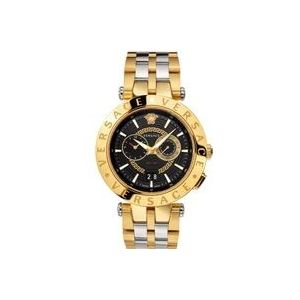 Versace Zwitserse Dualtimer Elegant Zwart Leren Horloge , Yellow , Heren , Maat: ONE Size