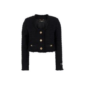 Versace Zwart Tweed Crop Jacket U-Halslijn , Black , Dames , Maat: XS